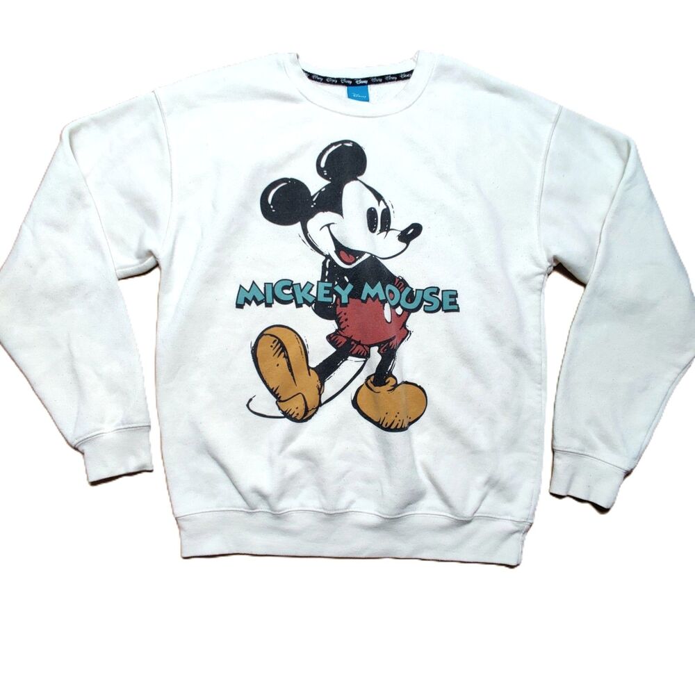 Disney Mickey Mouse Sweatshirt White Crewneck Pullover Adult Small Graphic